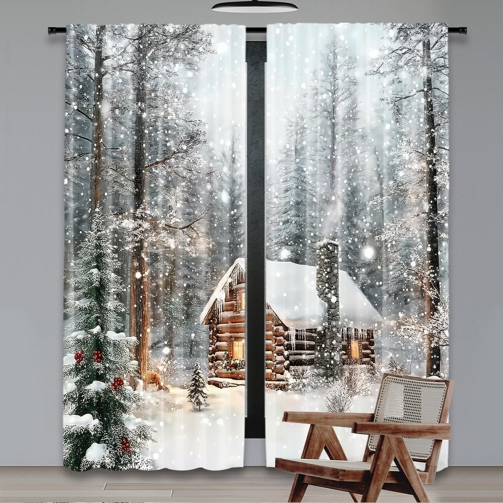 Set Of 2 Flat Printing Christmas Hot Curtains Wintercabin Digital Printed Polyester Drapes Festive Perfect Curtain