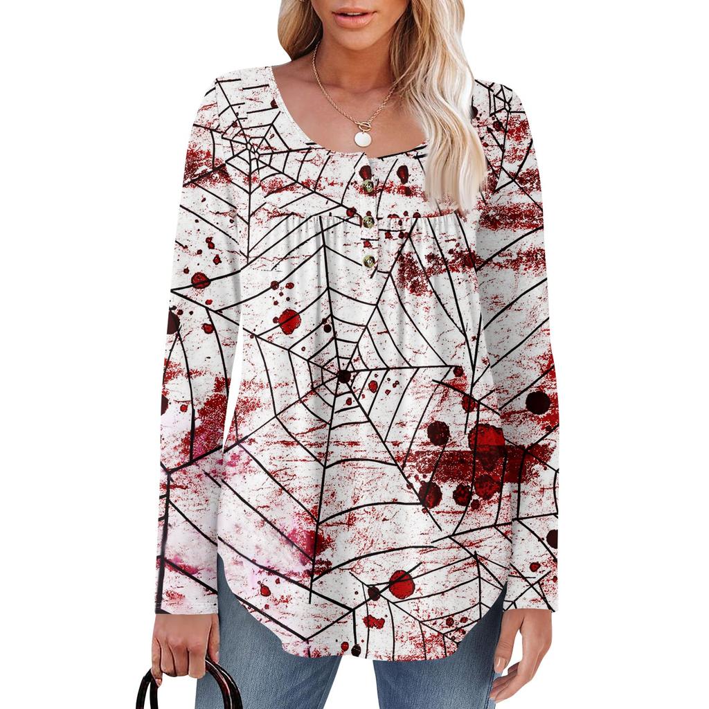 Dam Tunika Långärmad Lös Toppar Casual Oversized Toppar Plisserad Tunika Knäppning Casual Dam Tryckta Toppar