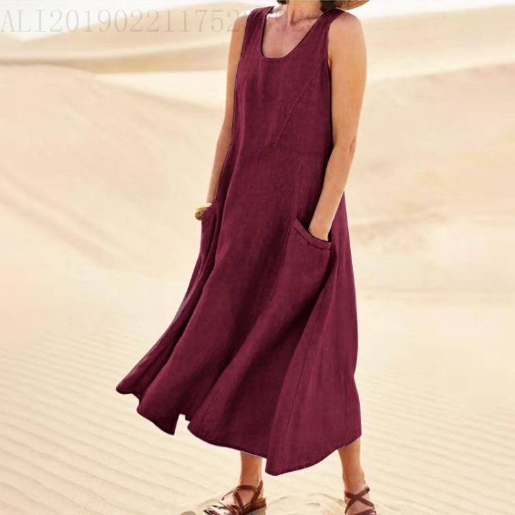Cotton Linen Blend Summer Sleeveless Pocket Dress European American Style 19 Colors