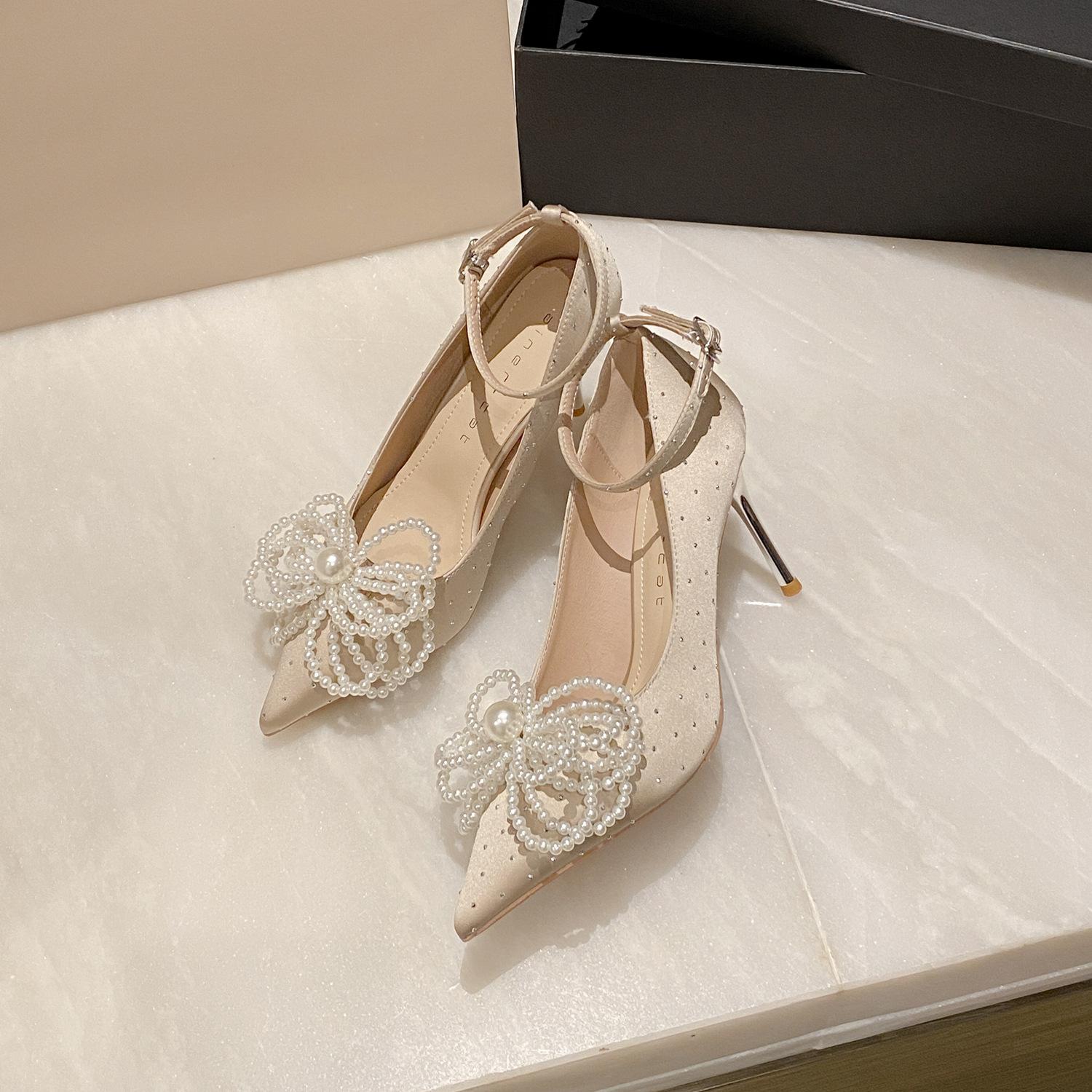 

96506 high heels women s stiletto 2025 new pointed one-word French rhinestone pearl bow single shoe 39