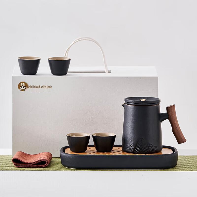 Gold-Inlaid Jade Elegant Black Pottery Tea Set (8-Piece)