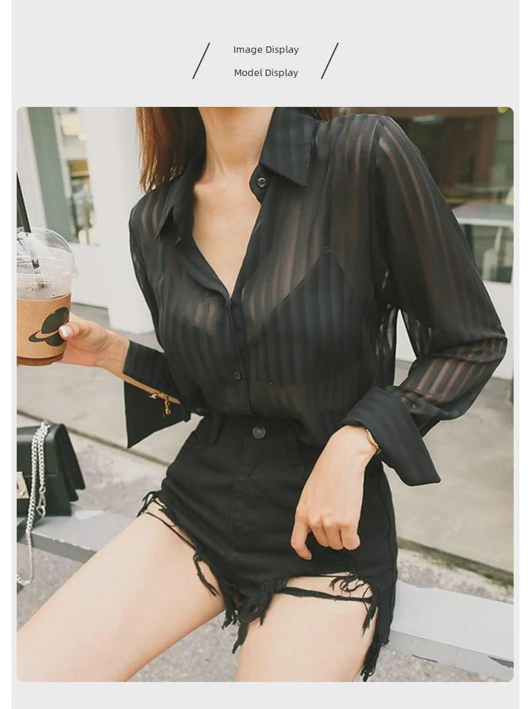 Chic Black Sheer Chiffon Shirt - Stylish and Sexy 2023 Mature Fashion Top