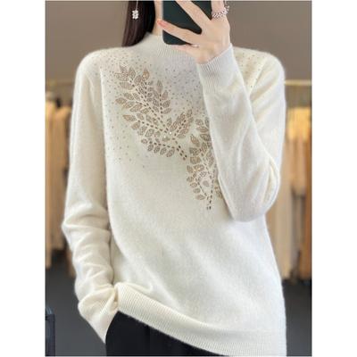 Women's Long Sleeve Loose Pullover Knit Sweater Half High Neck Design Splicing Top
