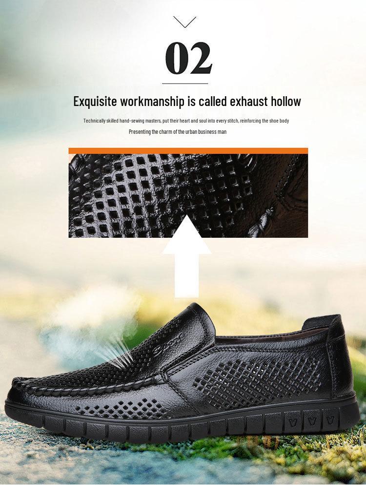 Men's Summer Breathable Leather Sandals - Hollow Out Design, Soft Sole, Cowhide for Middle-Aged & Elderly.