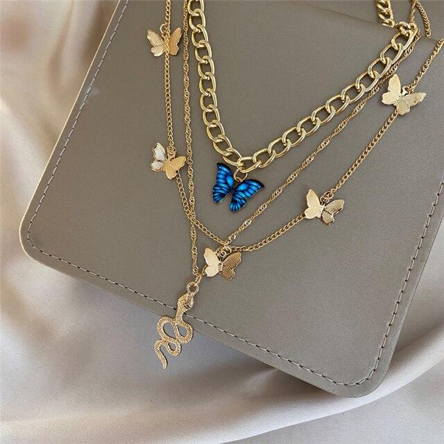 17KM Punk Gold Multilayered Necklace for Women Vintage Silver Color Geometric Round Pendant Necklaces Butterfly Choker Jewelry