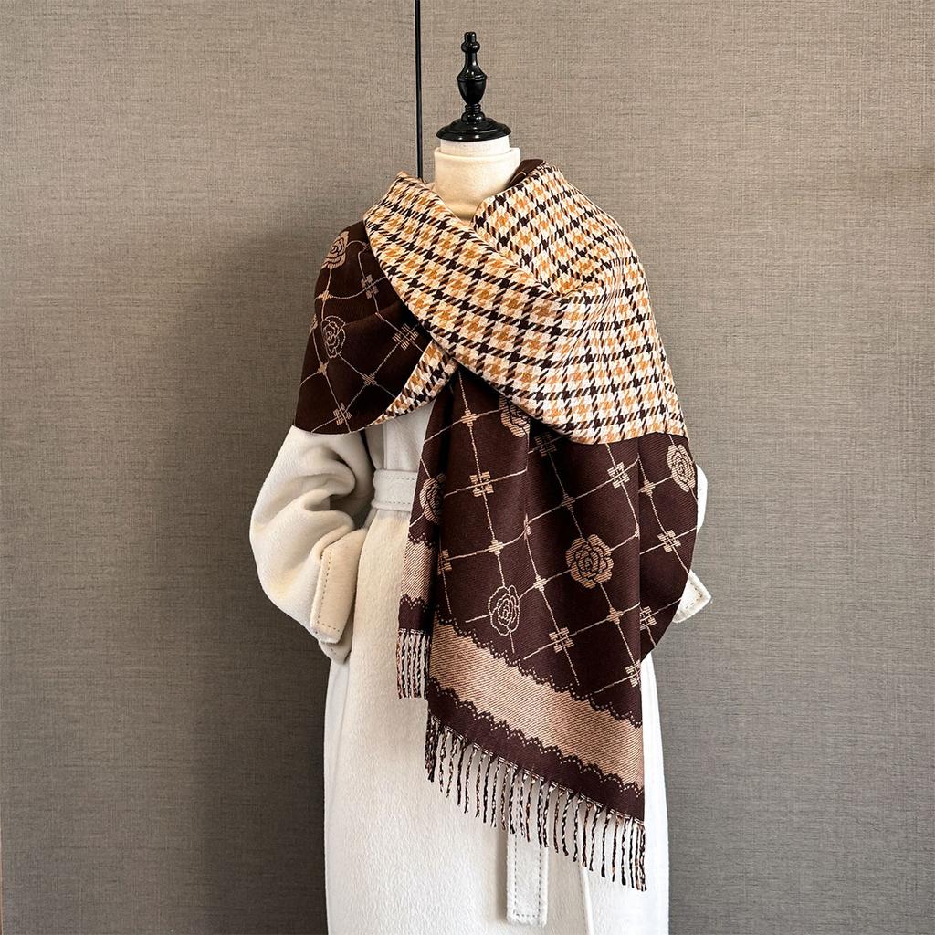 Elegant Houndstooth Scarf Imitation Cashmere Soft Warm Versatile Shawl Coldproof Windproof Blanket Scarf Two Sides Autumn Winter