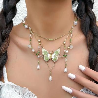 PuRui Sweet Cute Green Drip Oil Butterfly Pendant Necklace Exquisite Sweet Imitation Pearl Tassel Necklace Femme Charm Jewelry