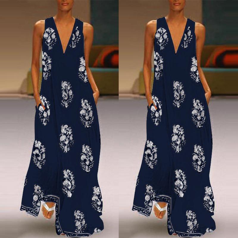 2019 Sleeveless Leaf Dress Printed Vintage Evening Beach Dress Loose Waist