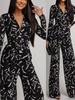 Women's V-Neck Printed Long-Sleeve Jumpsuit & Wide-Leg Pants Set - New European & American Style