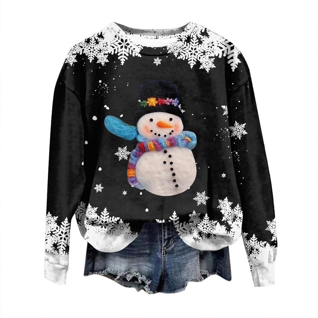 Women's Fashion Christmas Printed Long Sleeve Loose Round Neck Sweatshirt Top