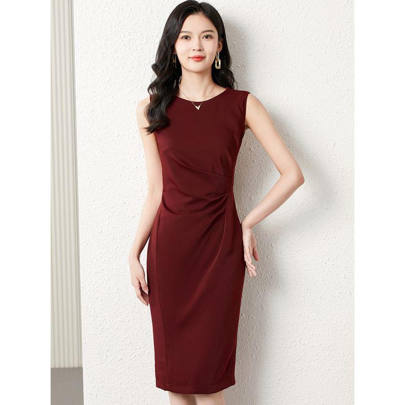 

Pleated Minimalist round Neck Sleeveless Versatile Slim-Fit Hip Skirt Burgundy 3XL