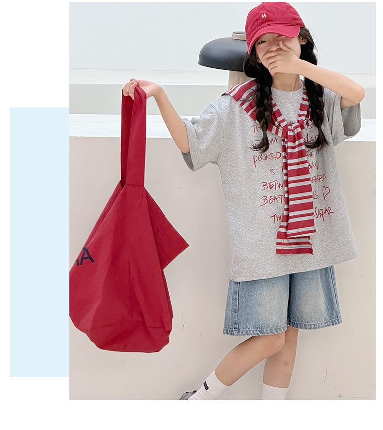 Girls' Korean Style Summer Striped Shawl T-shirt & Denim Shorts Set for Big Kids