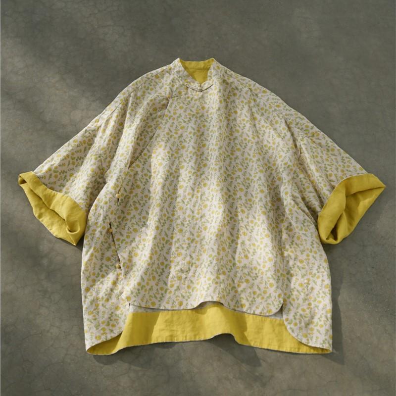 Johnature Damen Hemden im chinesischen Stil Stehkragen Siebenärmel Druck Blumen Blusen Sommer Knopf Vintage Hemden