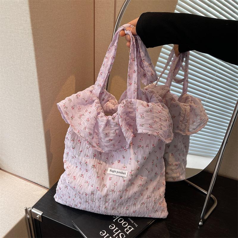 Soft Waxy Lotus Leaf Edge Chiffon Bag Women's New Floral Bucket Bag Large Capacity Bag