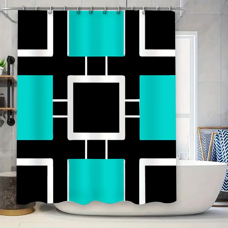 

Modern Square Pattern Black Blue Shower Curtain Bathroom Decor Waterproof Washable Polyester Home Improvement W60H190(CM)-1 Pcs