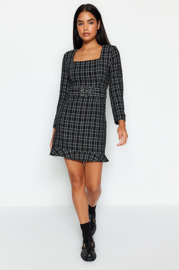 Women's Fashion Casual Standard Sleeve Mini Navy Blue Collar Detailed Lined Chiffon Woven Dress