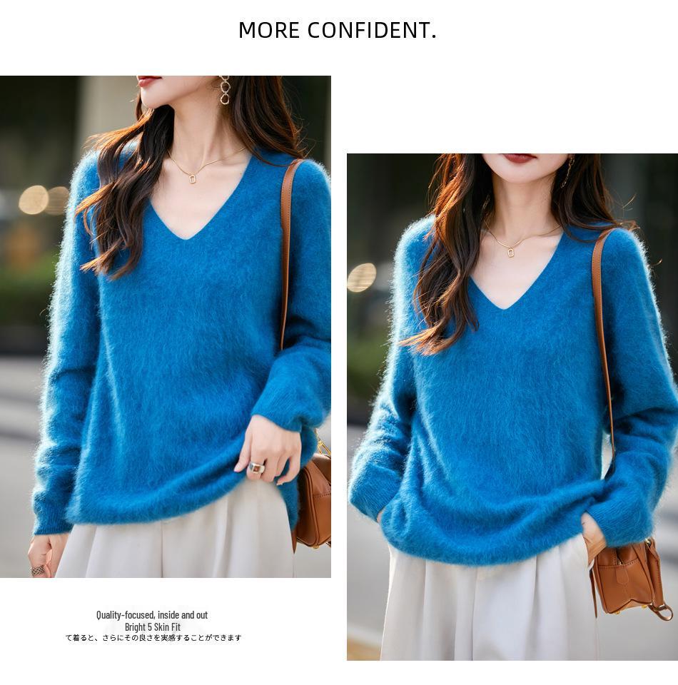 Women's High-Grade Seamless Wool V-Neck Sweater - Autumn/Winter Collection, Long Sleeve, Soft Plush Knit Base Layer