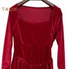 Women Dress Square Neck Pleated A-line Long Sleeves Pleated Slim Waist Velvet Mini Dress Prom Banquet Party Short Dress Fall Spring Princess Dress