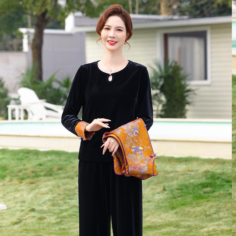Women's Spring & Autumn Chinese Style Embroidered Stand-Up Collar Vest & Velvet Top Set
