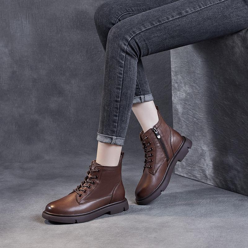 2025 autumn new short Martin boots women's V-mouth lace-up flat-bottomed short boots leather British single boots women's boots