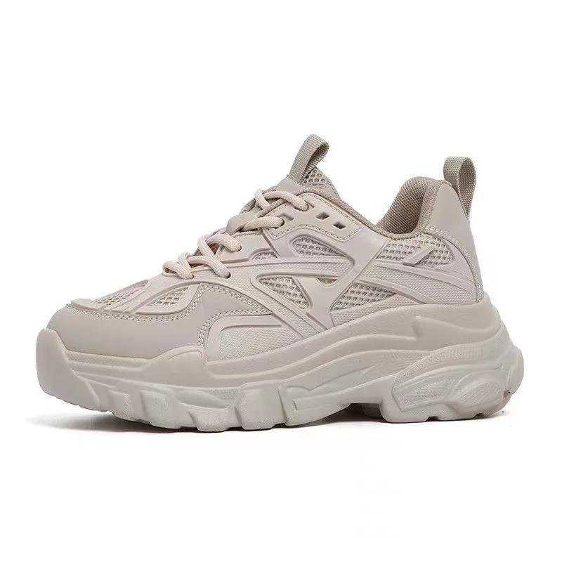 Fashion Chunky Sneakers Women Genuine Leather Mesh Breathable Patchwork Round Toe Lace-Up Thick Sole Ladies Handmade Shoes