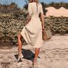 Women's Summer Cotton Linen V-Neck Short Sleeves Buttoned Dress European American Style