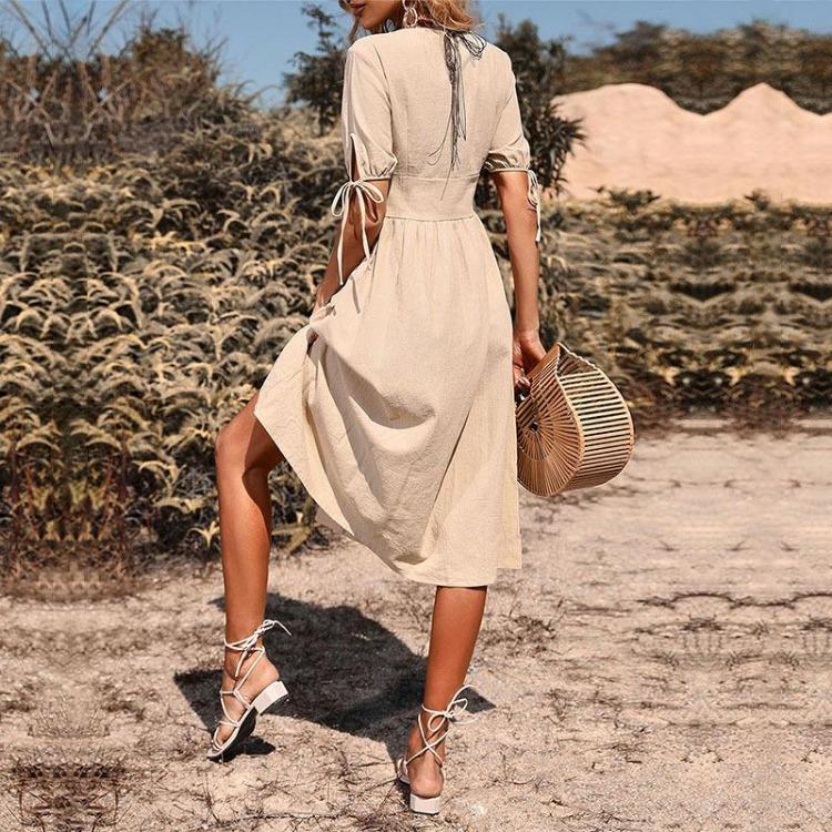 Women's Summer Cotton Linen V-Neck Short Sleeves Buttoned Dress European American Style