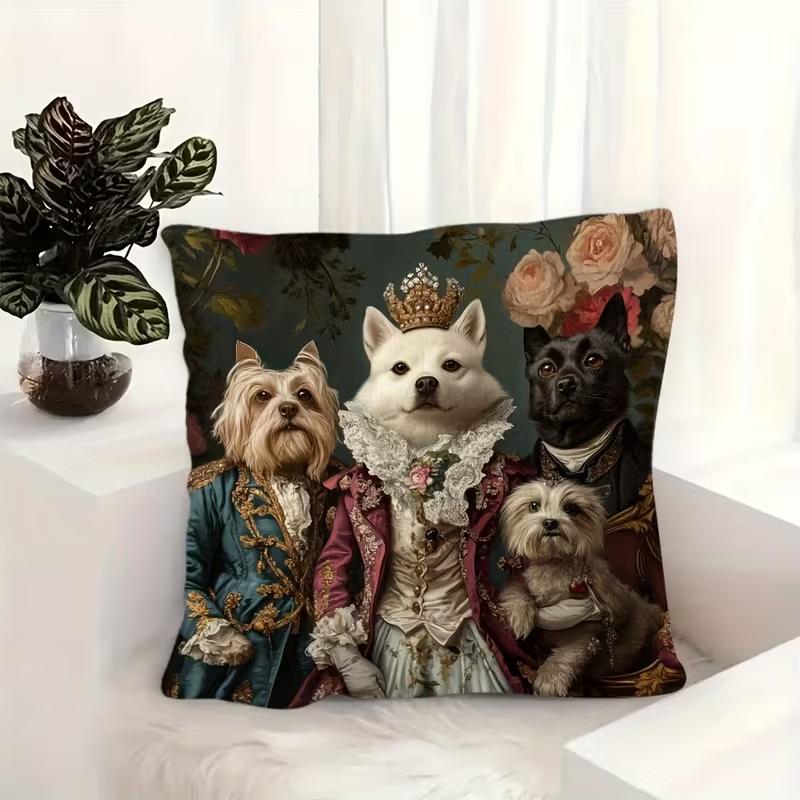 2D Flat- Victorian Royal Dogs Family Throw Pillow Cover Vintage Aristocratic Pet Portrait Cushion Cover for Home Sofa Decor