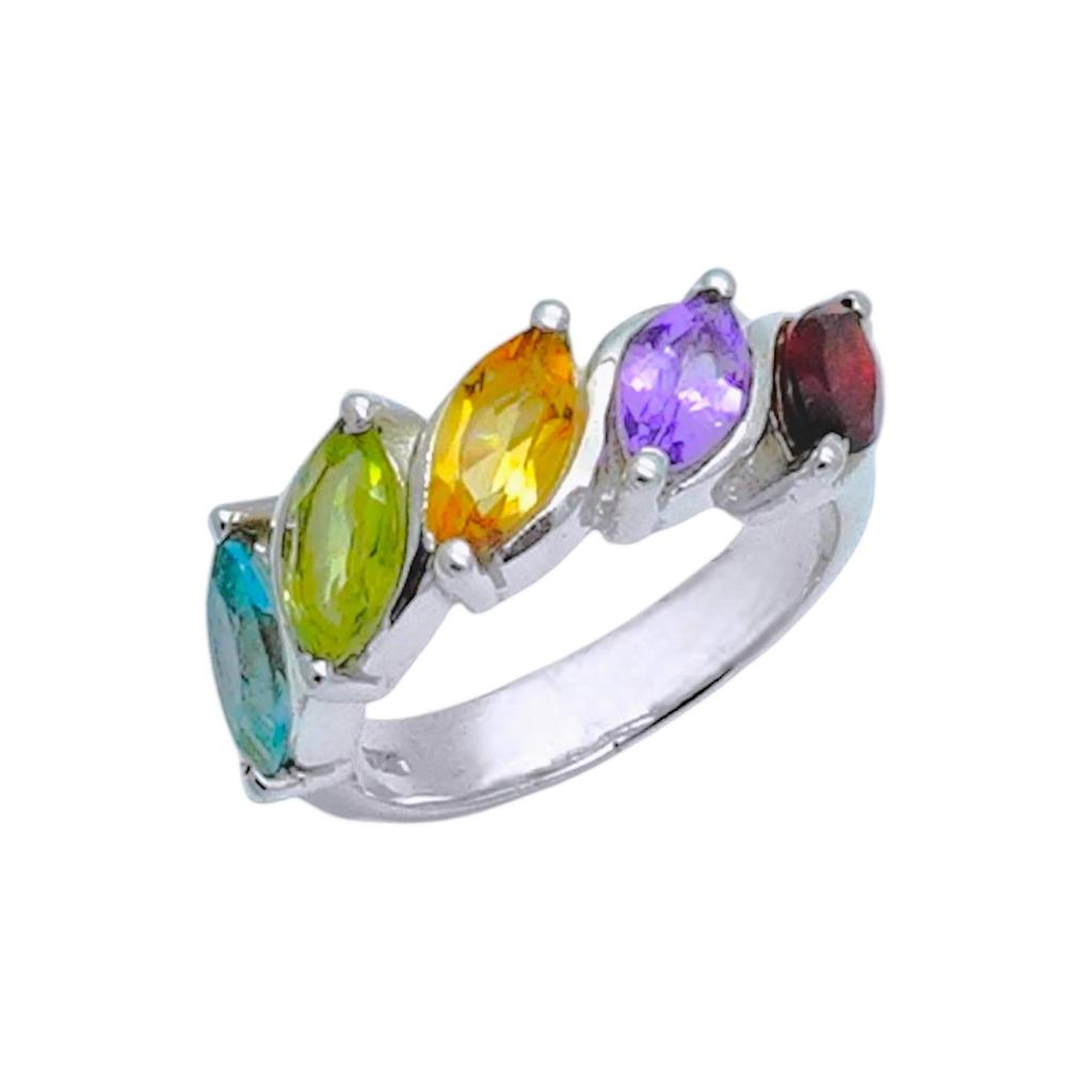 925 Sterling Silver Multi Gemstone Ring: Garnet, Amethyst, Peridot, Citrine, Blue Topaz ring