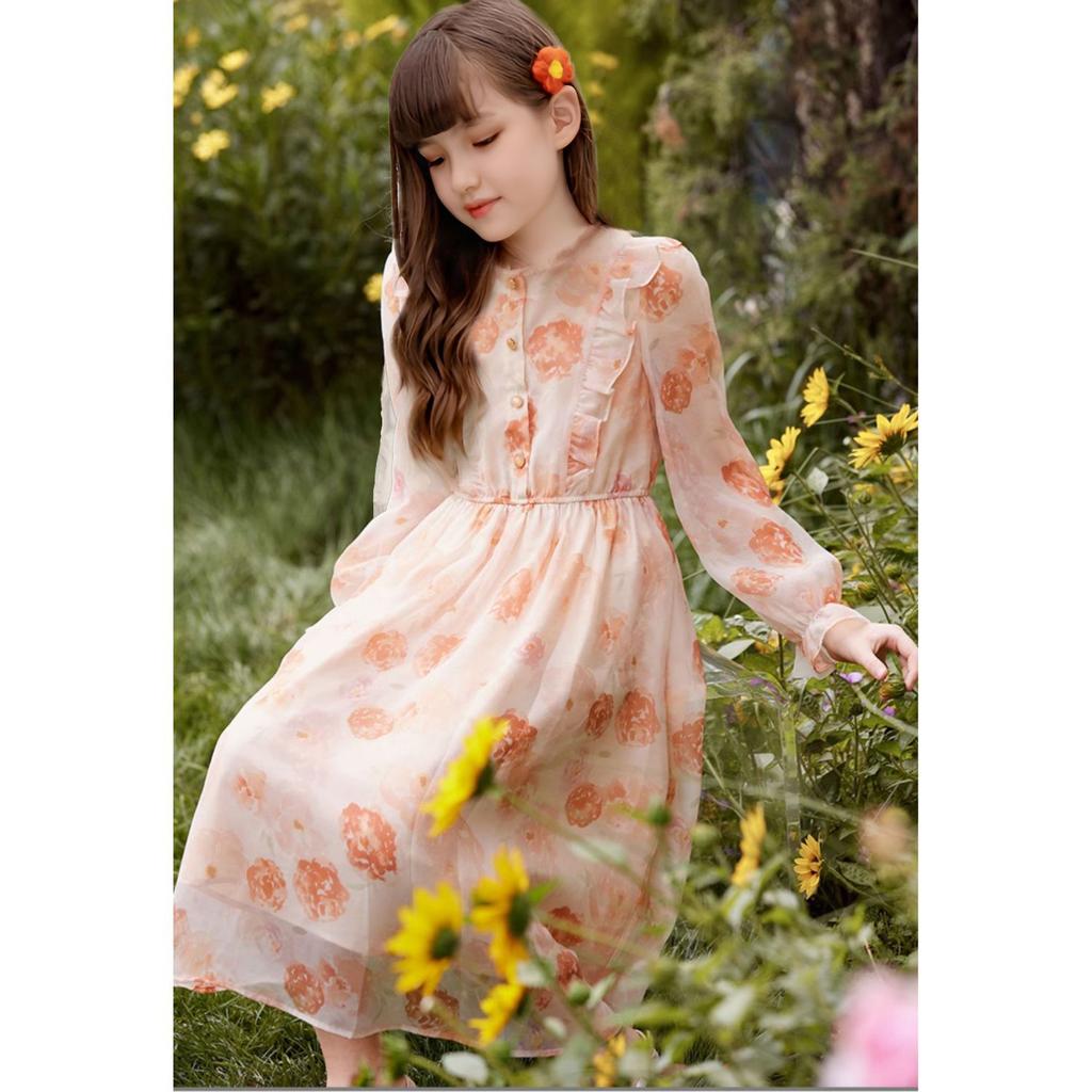 Sweet Orange Floral Print Dress for Girls, Spring and Autumn Fashionable Princess Dress for Children