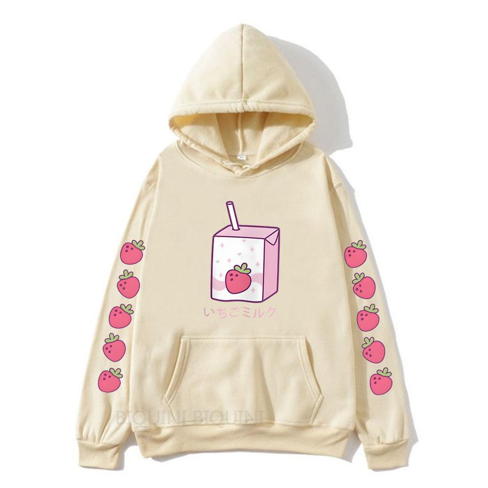 Strawberry Milk Cartoon Printing Hoodies Long Sleeve Hooded Sweatshirts Kawaii Clothing for Girls Moletom Feminino