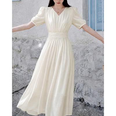 Women's Lyocell V-Neck Puff Sleeve Midi Dress