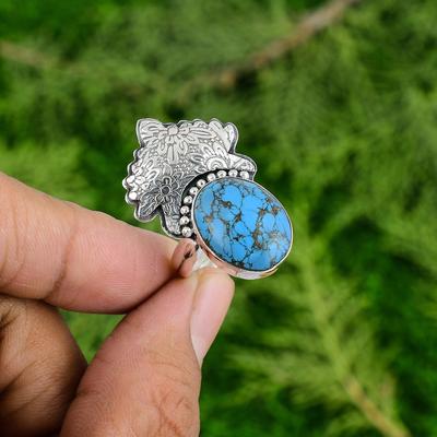 Sterling Silver Natural Tibetan Turquoise Stackable Promise Wedding Ring Jewelry