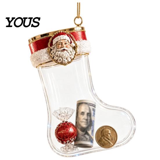 Decorative Stocking for Christmas Tree Fillable Acrylic Ornament, Transparent Candy Filled Plush Glitter Ornaments Hanging Decor, Santa Snowman