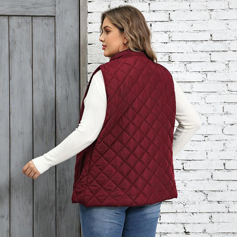Plus Size Solid Color Quilted Vest Coat Women Stand Collar Zip Waistcoat