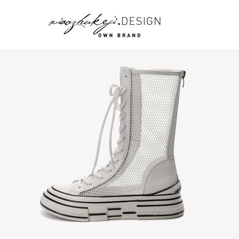 

Leather net boots women s new summer thin medium tube Martin boots fashionable versatile white hollow cool boots 34 белый