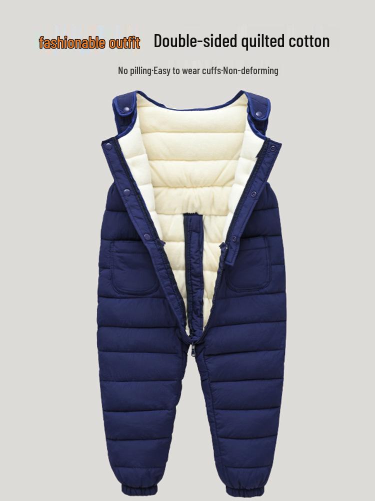 2026 Winter Unisex Baby Overalls, Down Cotton Fleece Lined, Thickened Open Crotch One-Piece Pants