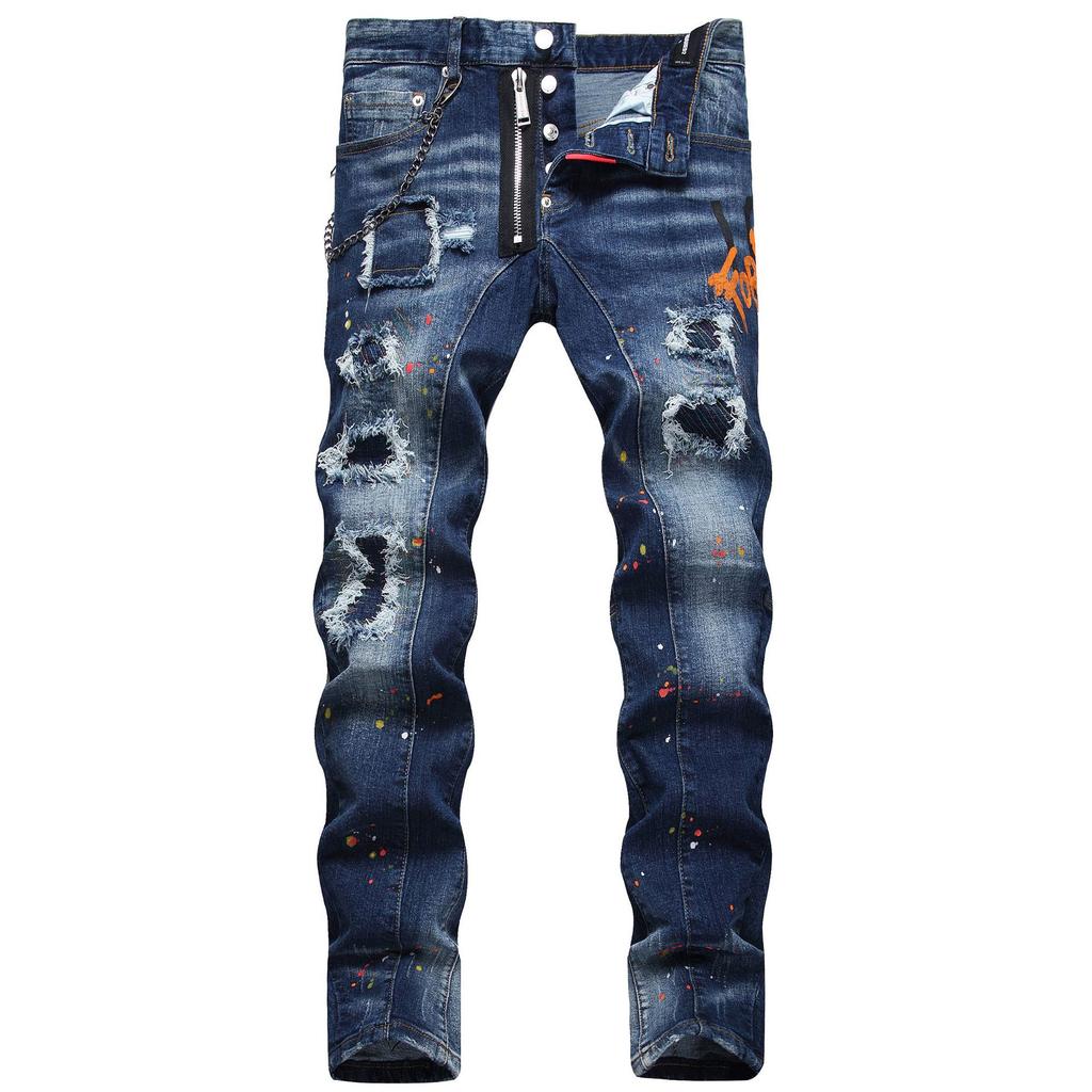 Fashion Brand Hole Patch Color Random Line Printing Small Straight Tube Mid Waist Jeans For Men