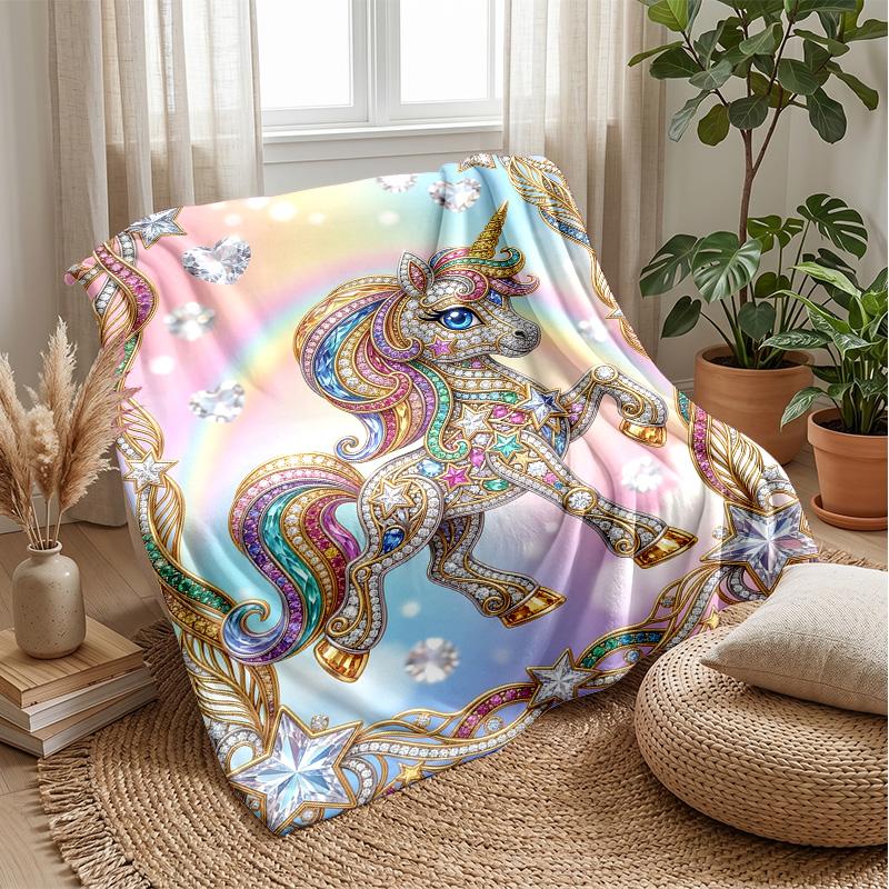 Jeweled Unicorn with Stars Theme Blanket Lightweight Warm Flannel Blanket Decorative Throw Blanket for Home Decoration