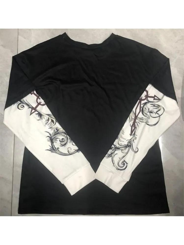 Long-sleeved T-shirt, Loose Fit, Faux Two-piece, Round Neck, Retro Print.