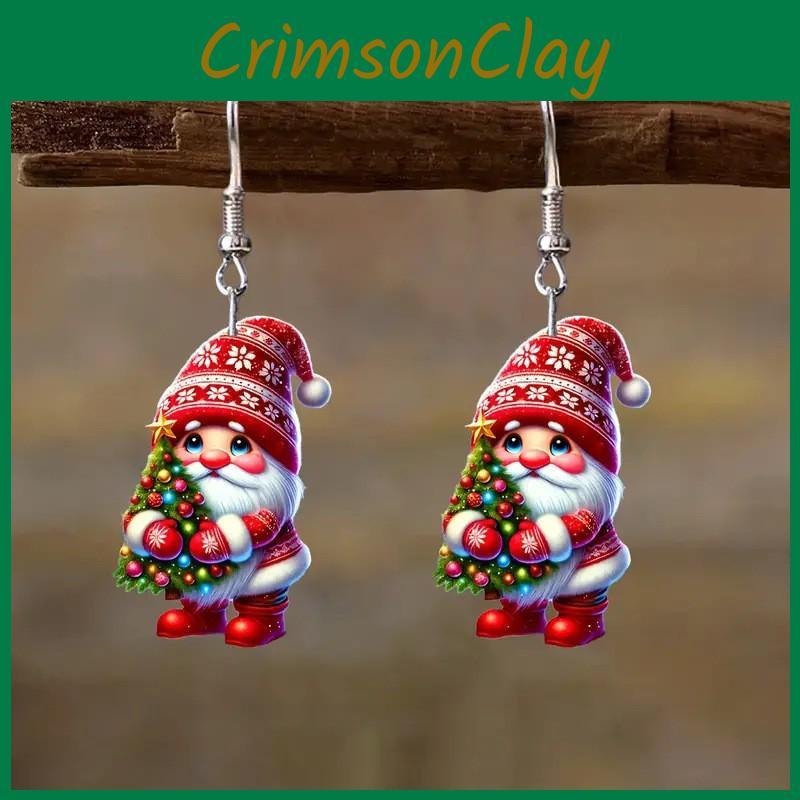 Santa Christmas Themed Claus Holding Tree Pattern Women Acrylic Earrings