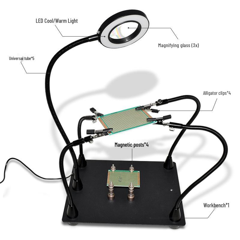 LED Magnifier Soldering Platform with Auxiliary Clips and Circuit Board Holder