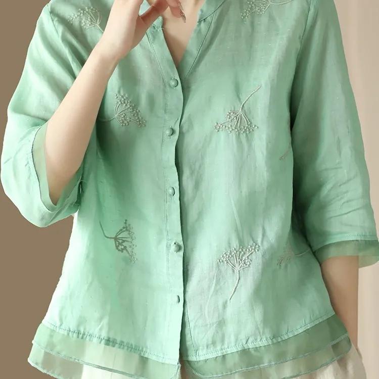 Women's Summer Literary Retro Embroidery Blouse Splicing Temperament Comfortable Tops