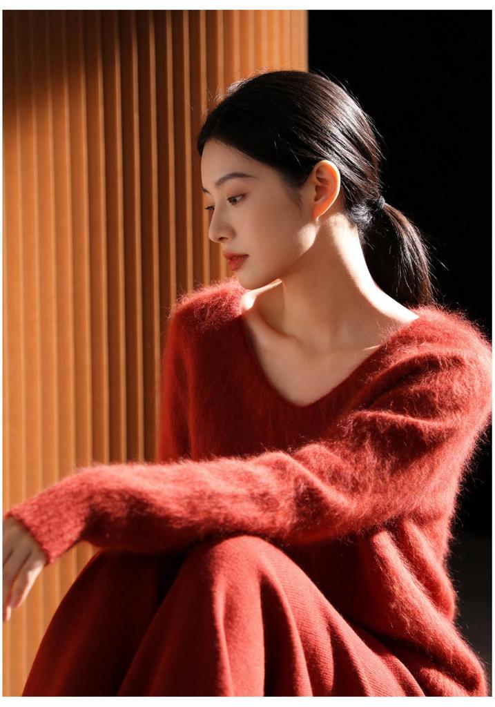 Women's Plus Size Pure Cashmere V-Neck Pullover: Loose Fit, Long Sleeve, Thick Winter Sweater