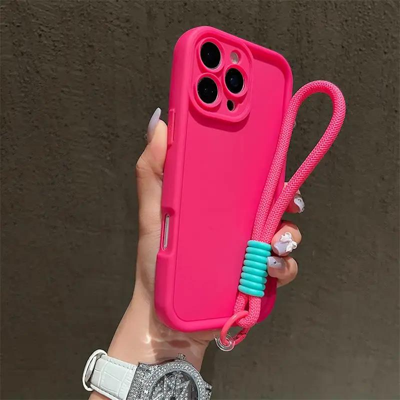 Luxury Candy Color With Lanyard Soft Phone Case For iPhone 17 Air 16 15 14 13 12 11 Pro Max Plus Shockproof Soft Cover