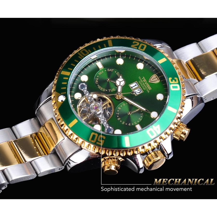 Luksusowy Tourbillion Topowej Marki Zielona Tarcza Złoty Stal Nierdzewna Męski Biznesowy Sportowy Design Męski Automatyczny Zegarek Sportowy na Rękę
