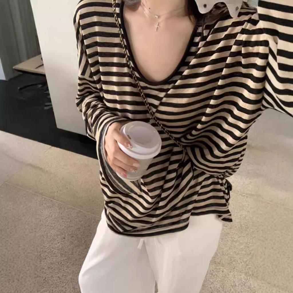 Hot Girl Striped Sun Protection Blouse Women's New Autumn Loose U-neck Early Autumn Long-sleeved T-shirt Thin Outer Top