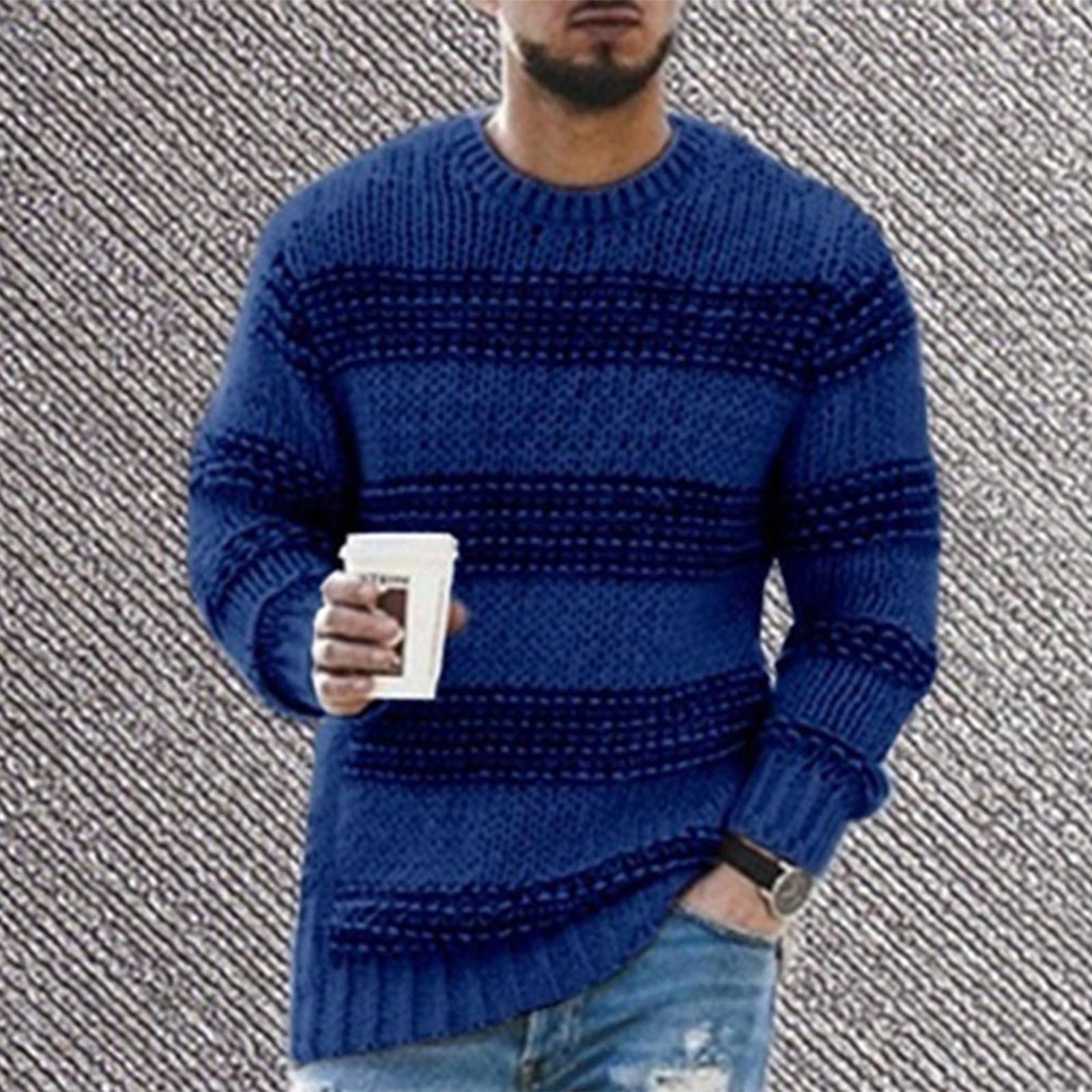 

Мужской пуловер с круглым вырезом, полосатый вязаный топ с длинными рукавами XL синий