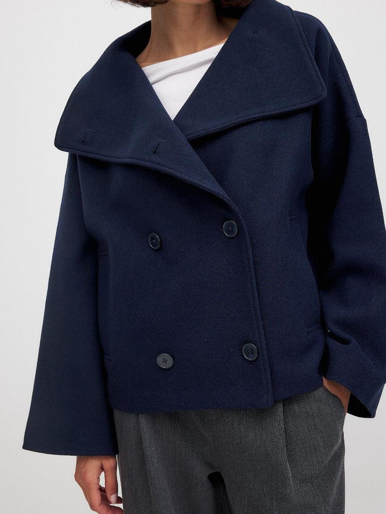 Black High Neck Double Breasted Long Wool Coat with Notch Lapel