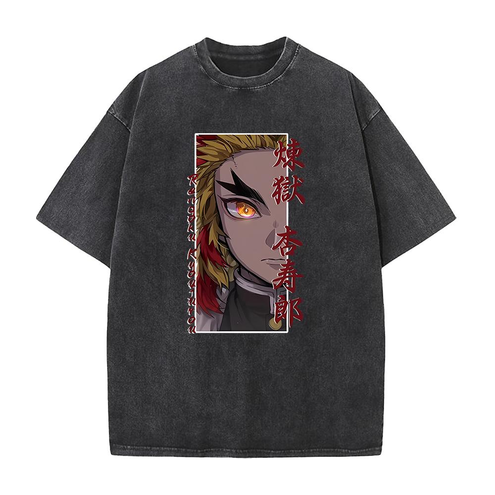Harajuku Anime Demon Slayer Rengoku Kyoujurou Print Washed T Shirt Men Vintage Casual T-shirts Male Cotton Tshirt